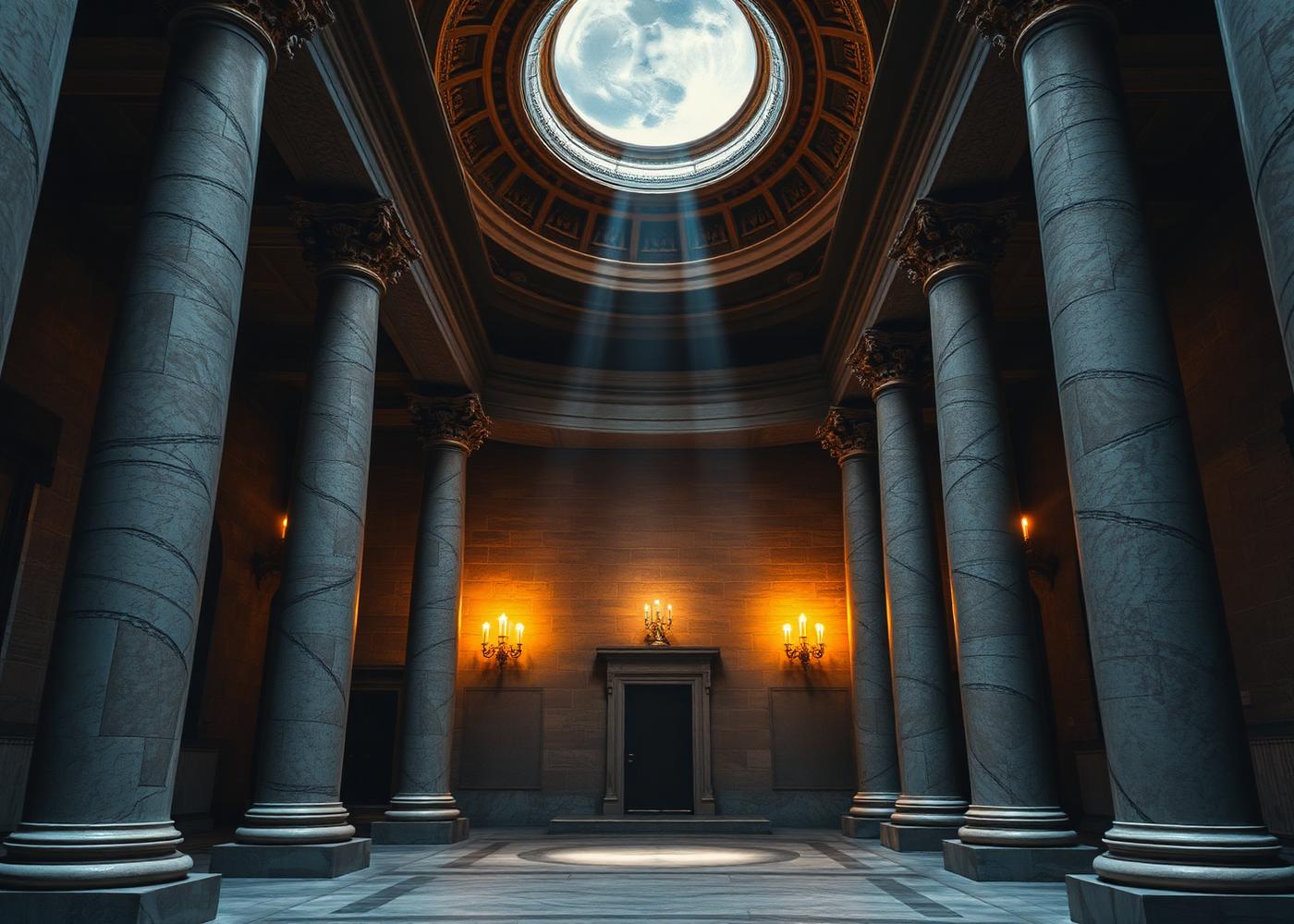 A grand Roman atrium with marble columns and moonlight pouring through an oculus